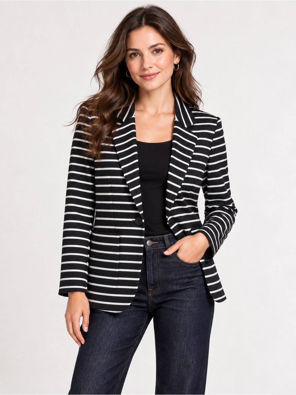 Olivia Moon Striped Knit Blazer | Black & White | Medium